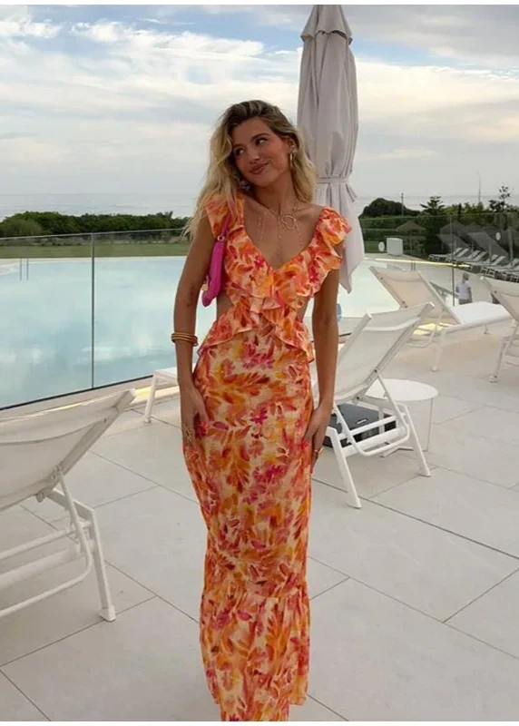 Robe longue orange bohème fleurs