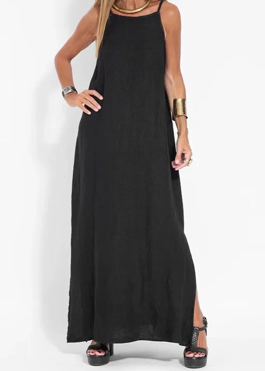 Robe longue noire bohème coton ras-du-cou