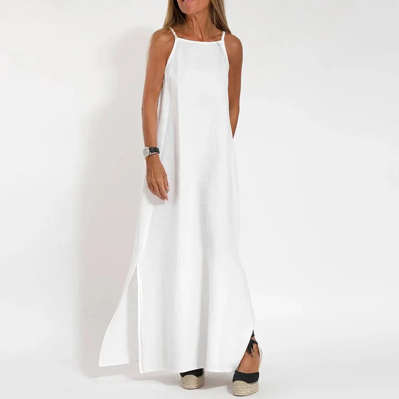Robe longue noire bohème coton ras-du-cou