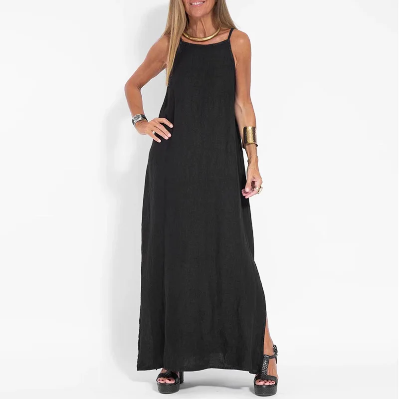 Robe longue noire bohème coton ras-du-cou