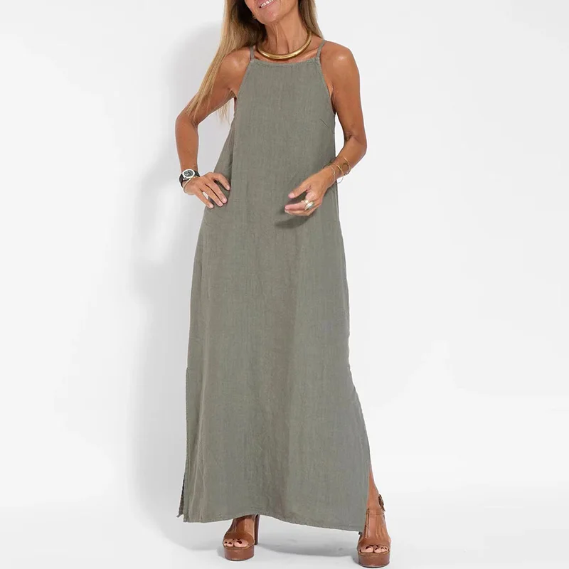 Robe longue noire bohème coton ras-du-cou