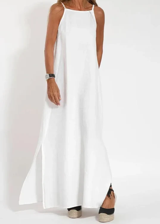 Robe longue blanche bohème coton ras-du-cou