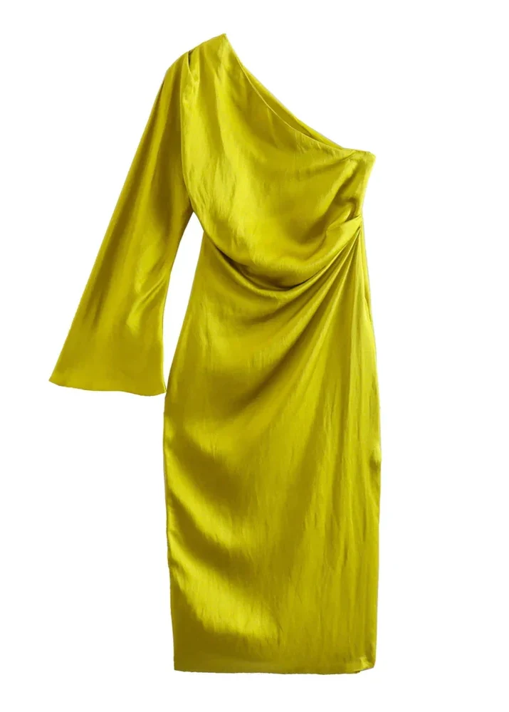 Robe asymétrique satin jaune citron