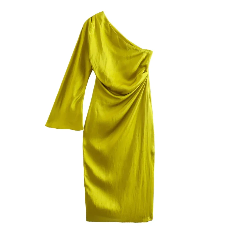 Robe asymétrique satin jaune citron