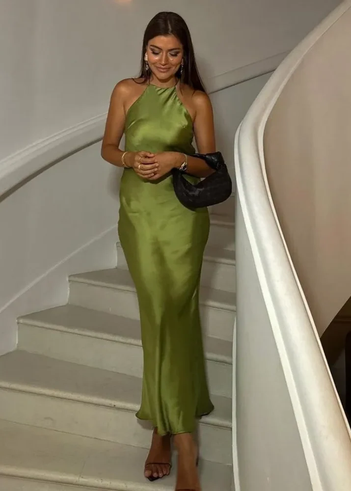 Robe longue satin jaune citron vert