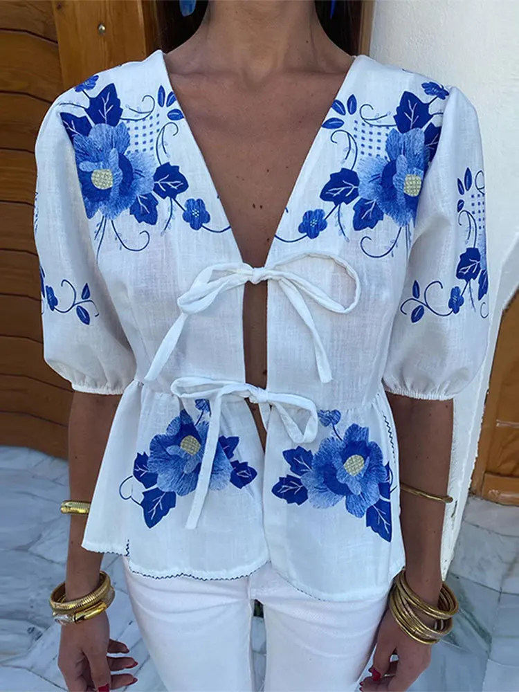 Blouse Coton avec Fleurs Bleues Boho