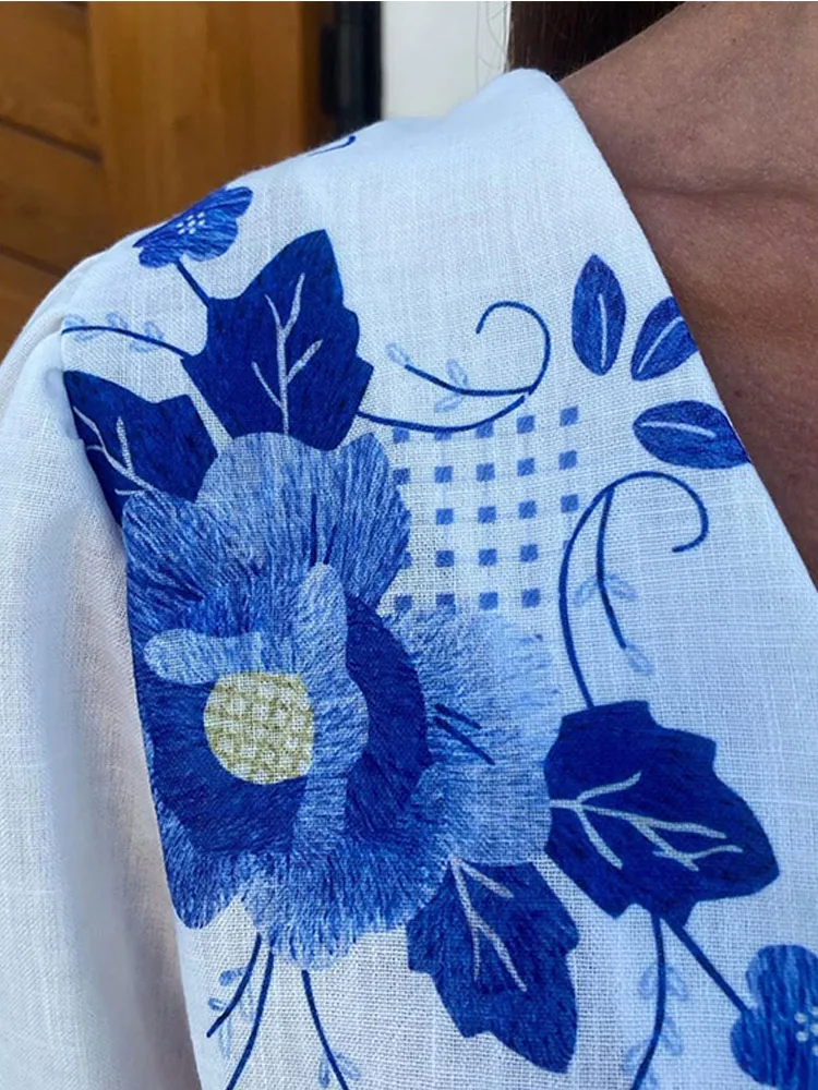 Blouse Coton avec Fleurs Bleues Boho