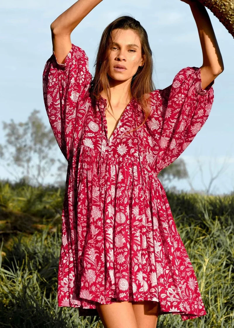 Robe champêtre ample florale rose