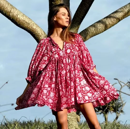 Robe champêtre ample florale rose