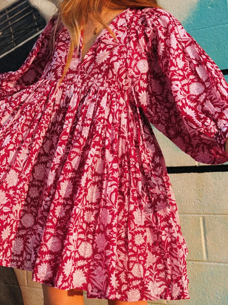 Robe champêtre ample florale rose