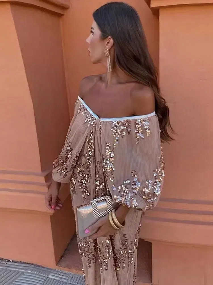 Robe Longue Sequins Caramel