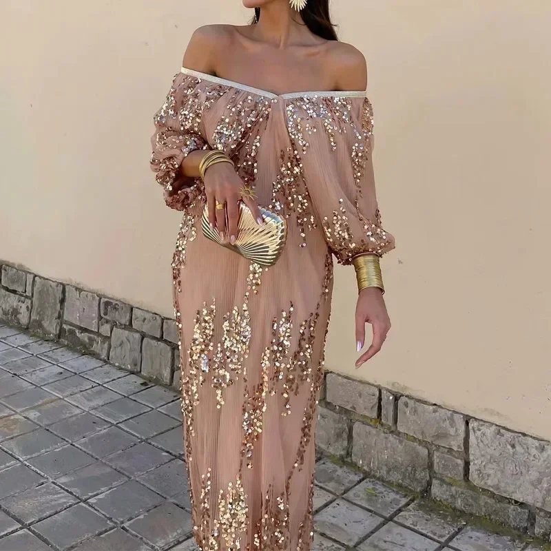 Robe Longue Sequins Caramel
