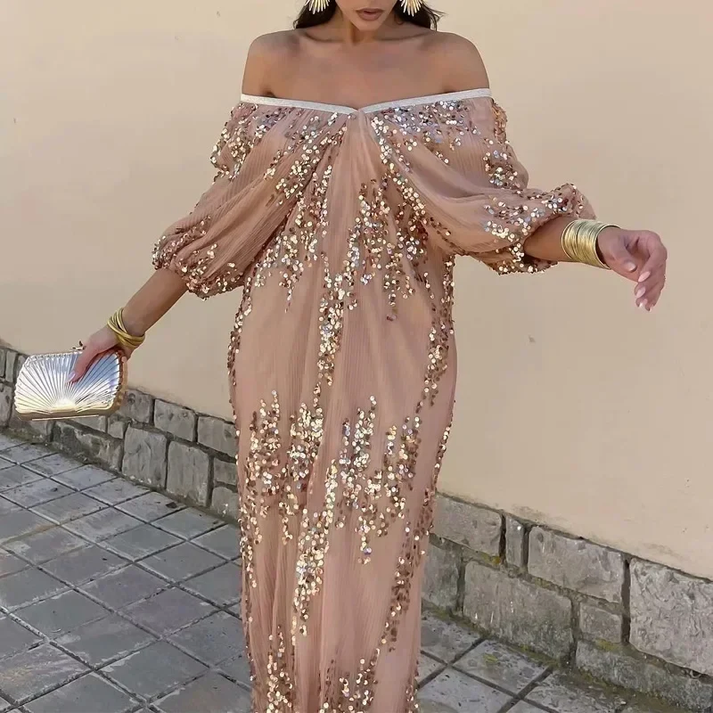Robe Longue Sequins Caramel