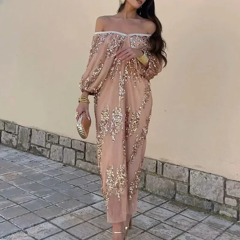 Robe Longue Sequins Caramel