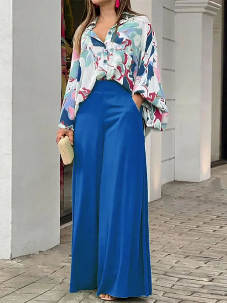 Ensemble Pantalon Chemise Loose Vintage Bleu
