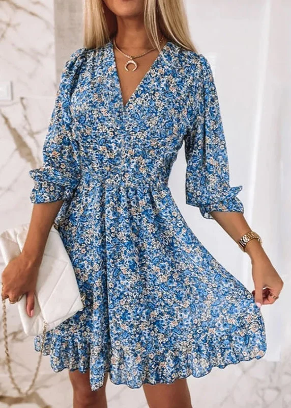 Robe à fleurs courte bleue bohème