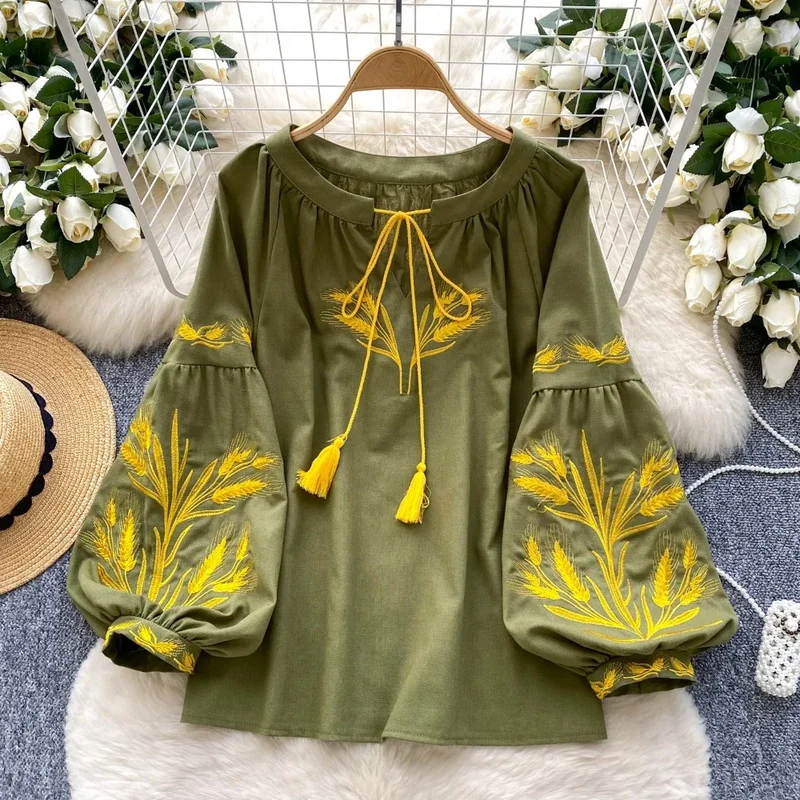 Blouse en Lin Khaki Broderie Bohème