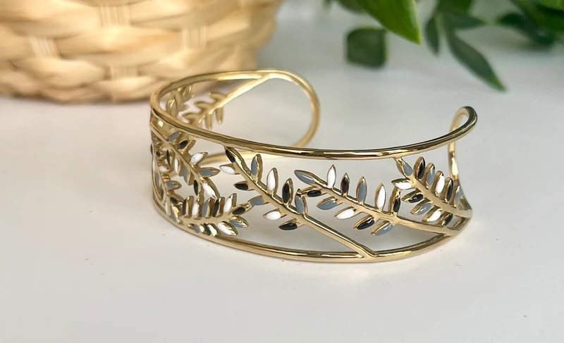 Bracelet manchette Feuillages noir et blanc