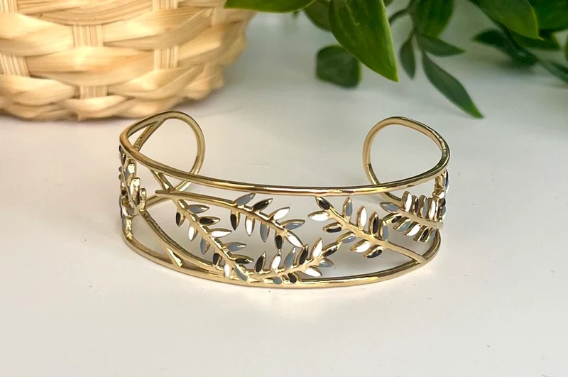 Bracelet manchette Feuillages noir et blanc