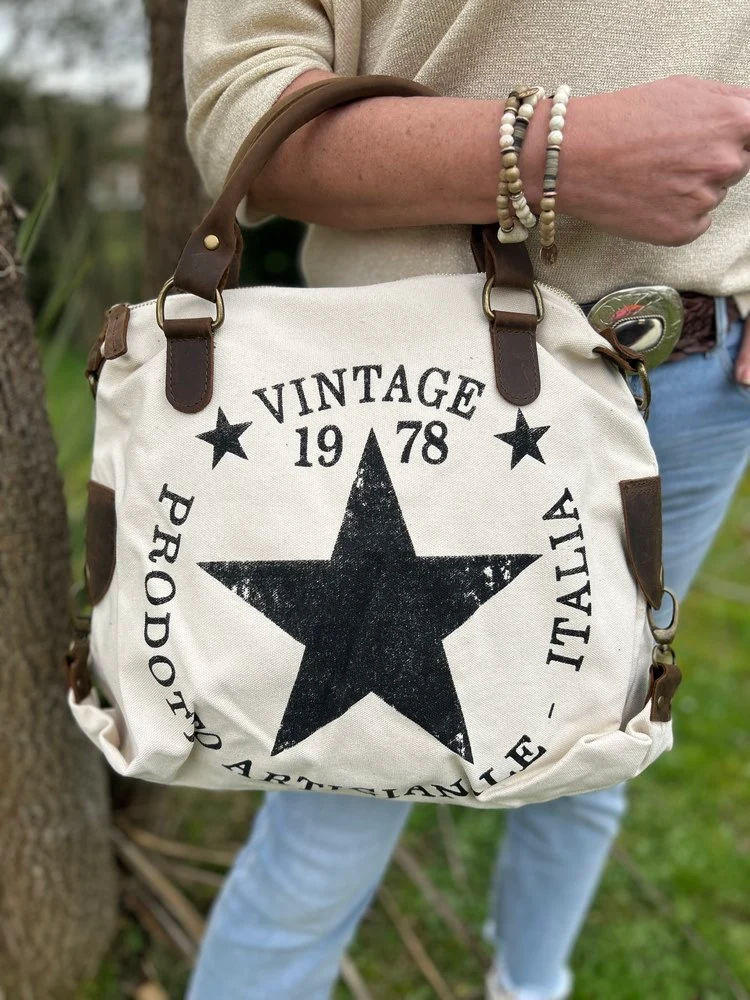 Sac Etoile Vintage en toile coton et cuir crème