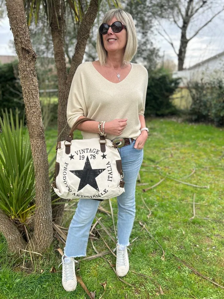 Sac Etoile Vintage en toile coton et cuir crème
