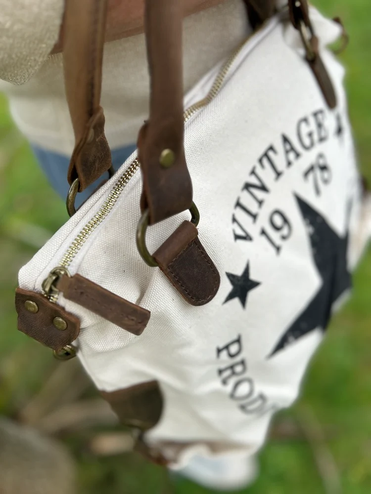 Sac Etoile Vintage en toile coton et cuir crème
