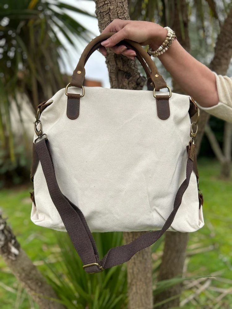 Sac Etoile Vintage en toile coton et cuir crème