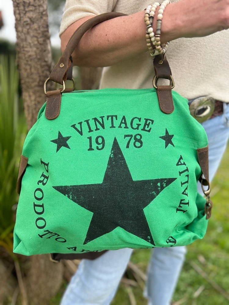 Sac Etoile Vintage en toile coton et cuir vert brésil