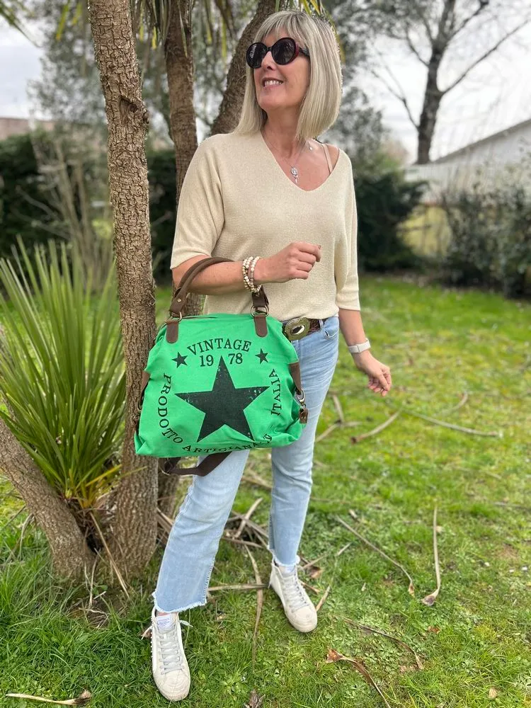 Sac Etoile Vintage en toile coton et cuir vert brésil