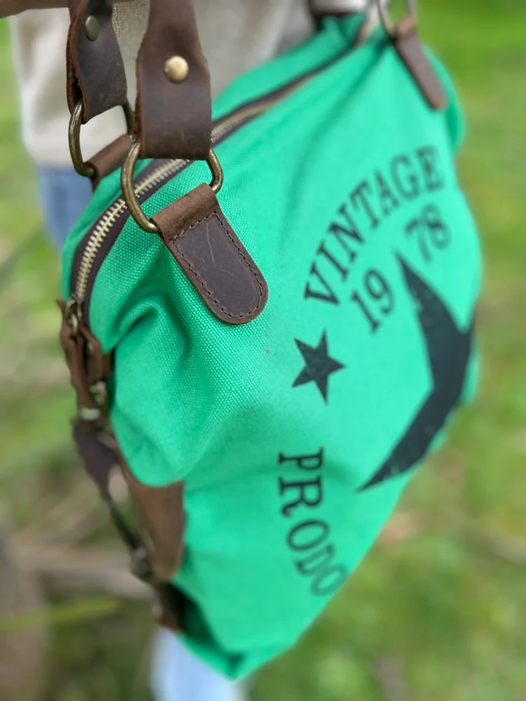 Sac Etoile Vintage en toile coton et cuir vert brésil