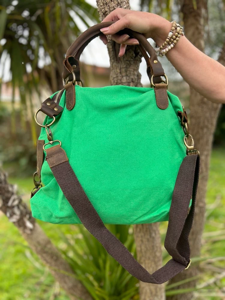 Sac Etoile Vintage en toile coton et cuir vert brésil