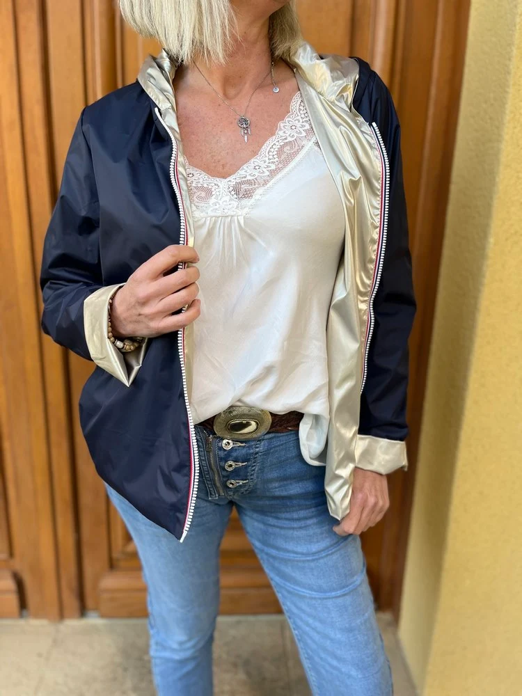 Veste imperméable Laura réversible courte bleu marine et doré