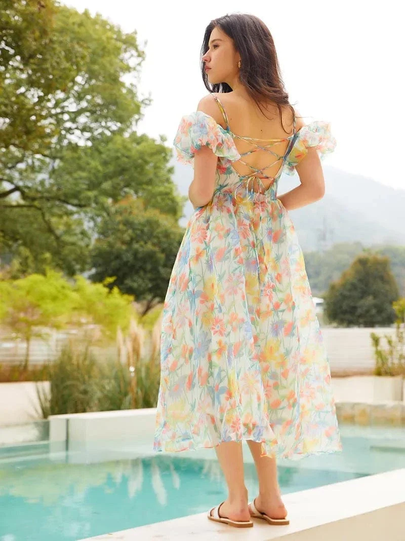 Robe fleurie invitée mariage dos nu