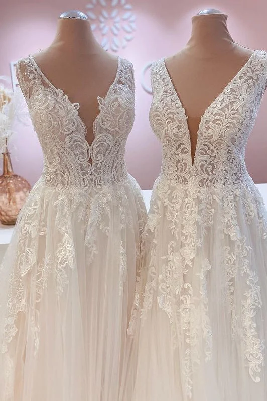 Robe de mariée trapèze à bretelles larges et dos nu avec appliques en dentelle et tulle