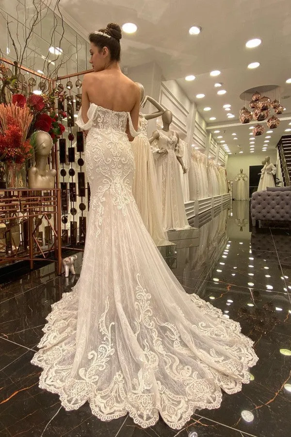 Robe de mariée sirène élégante à épaules dénudées avec détails exquis en tulle et dentelle