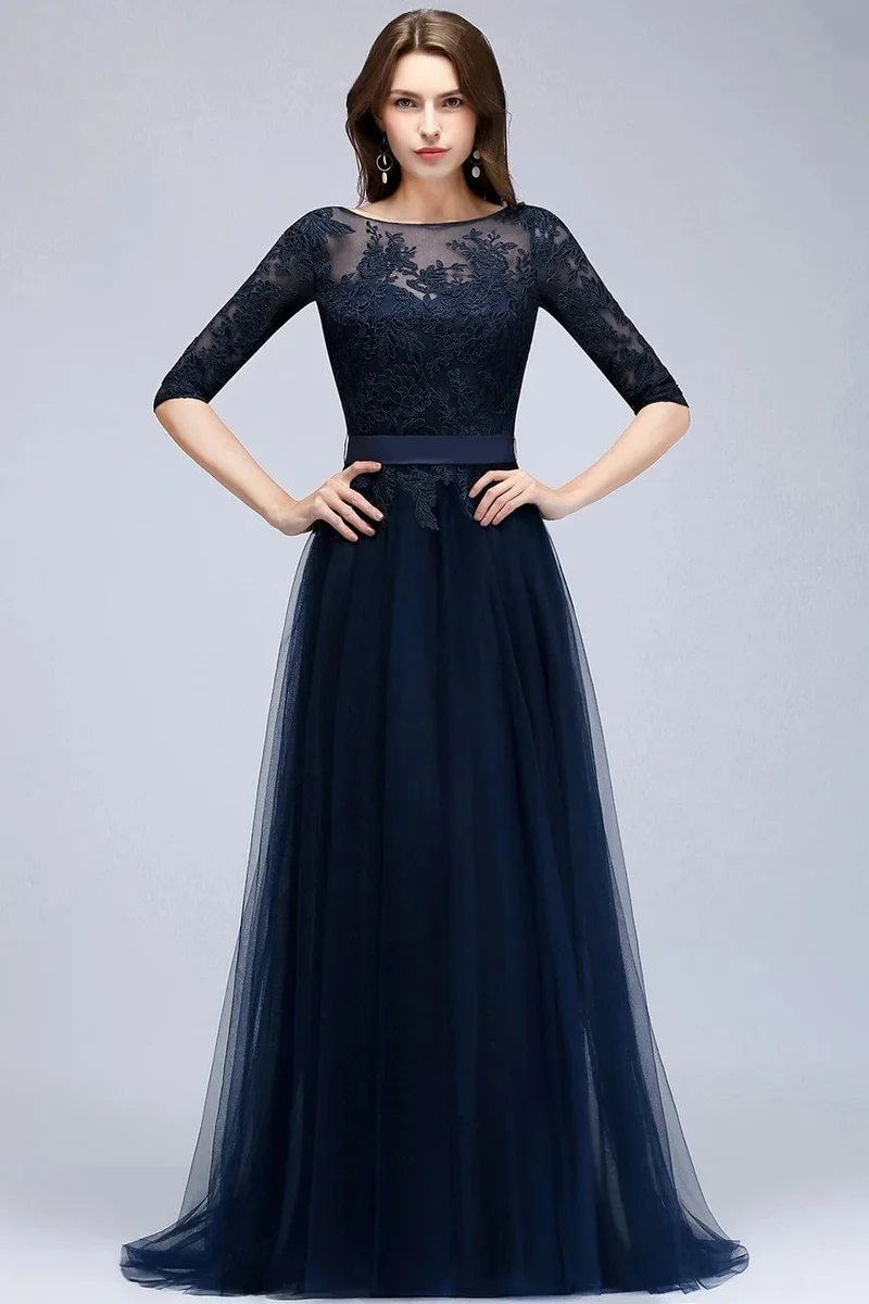 Robe de bal bleue longue en dentelle