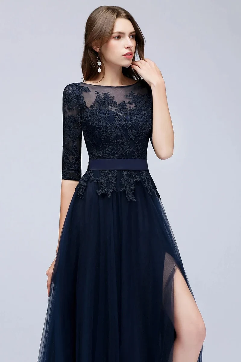 Robe de bal bleue longue en dentelle
