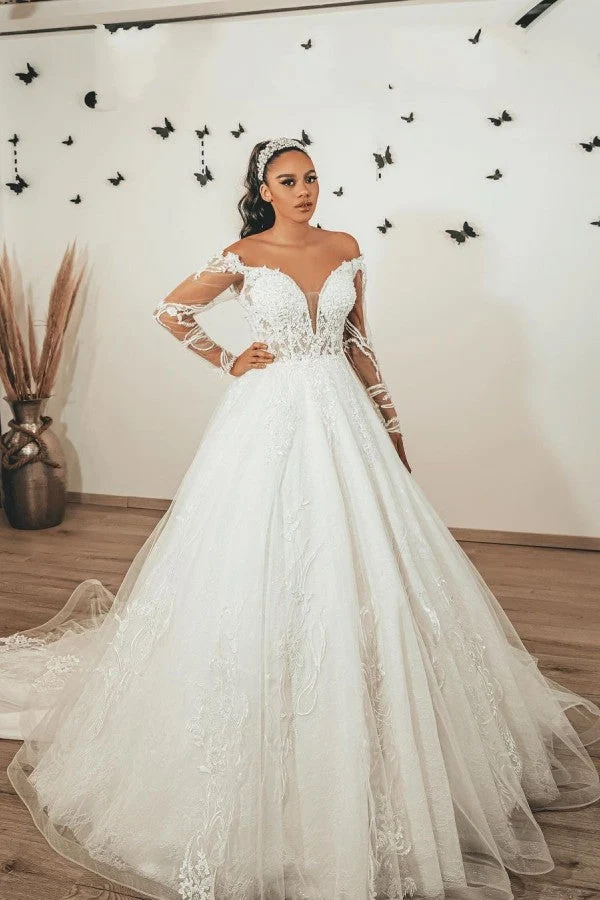 Robe de mariée élégante en tulle, coupe trapèze, manches longues en dentelle