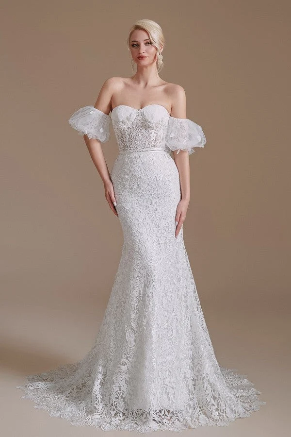 Robe de mariée élégante en dentelle sirène avec manches amovibles et décolleté en cœur