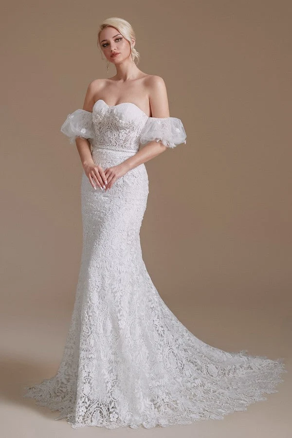 Robe de mariée élégante en dentelle sirène avec manches amovibles et décolleté en cœur