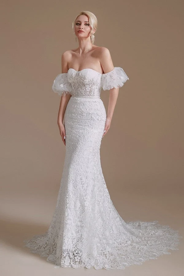 Robe de mariée élégante en dentelle sirène avec manches amovibles et décolleté en cœur