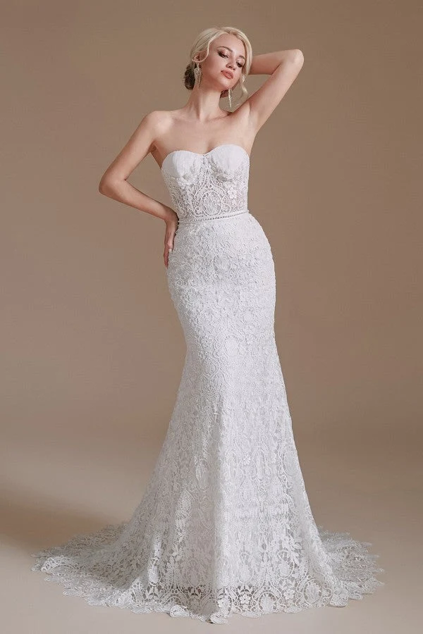 Robe de mariée élégante en dentelle sirène avec manches amovibles et décolleté en cœur