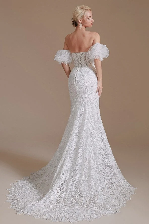 Robe de mariée élégante en dentelle sirène avec manches amovibles et décolleté en cœur