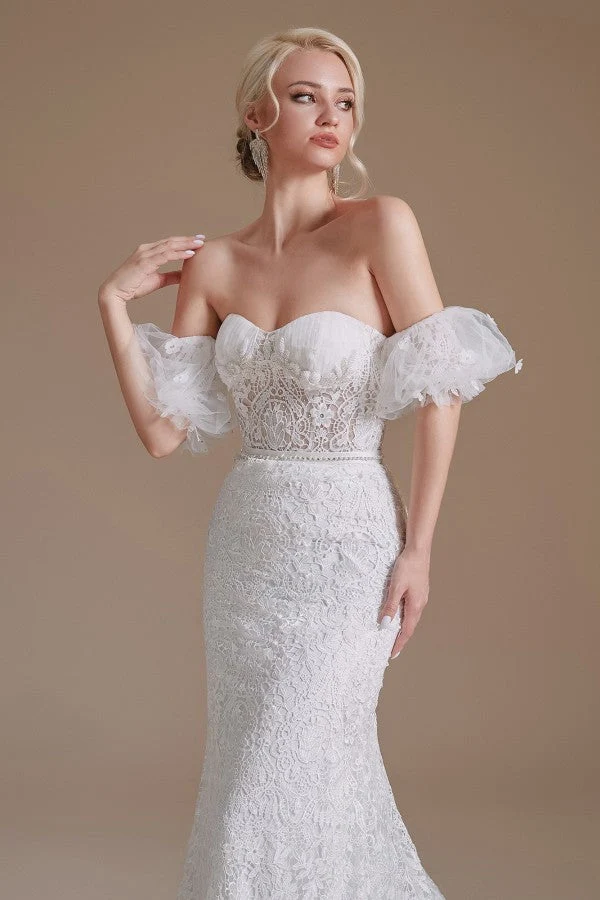 Robe de mariée élégante en dentelle sirène avec manches amovibles et décolleté en cœur