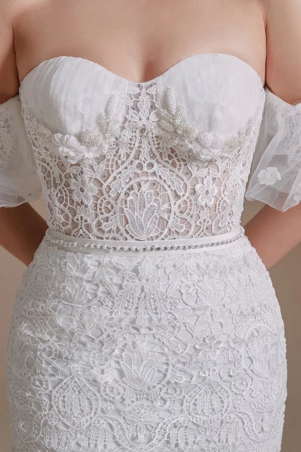 Robe de mariée élégante en dentelle sirène avec manches amovibles et décolleté en cœur