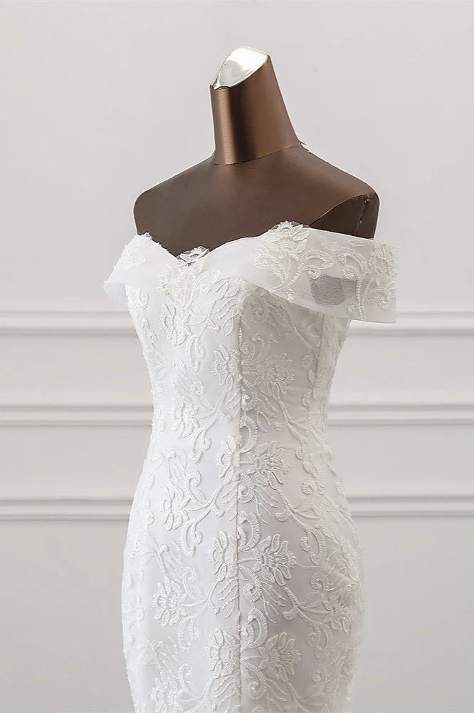 Robe de mariée sirène élégante à épaules dénudées avec appliques en tulle et dentelle