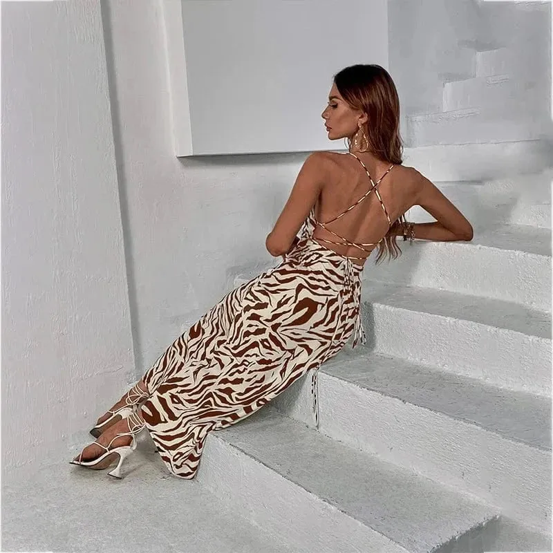 Robe de soirée dos nu longue à motifs