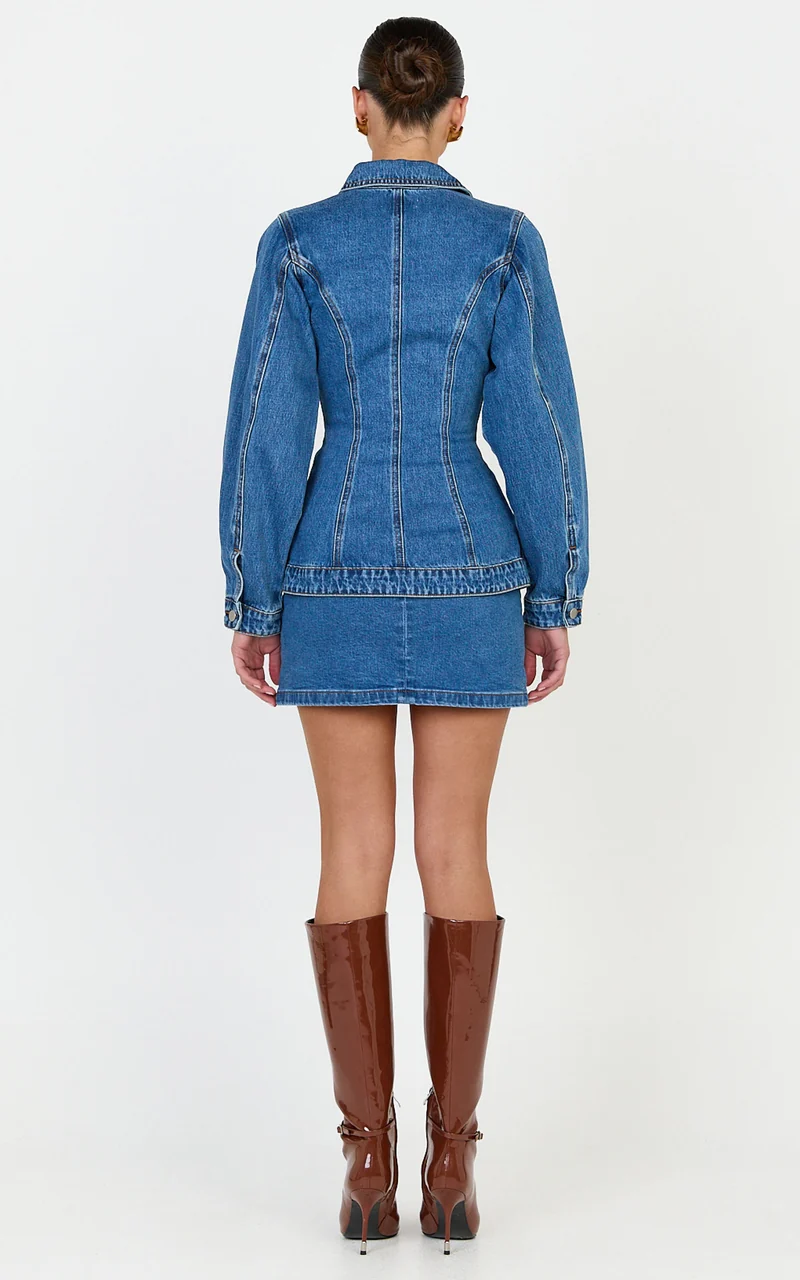 Tianna Jacket - Long Sleeve Contoured Recycled Denim Jacket in Mid Blue Wash