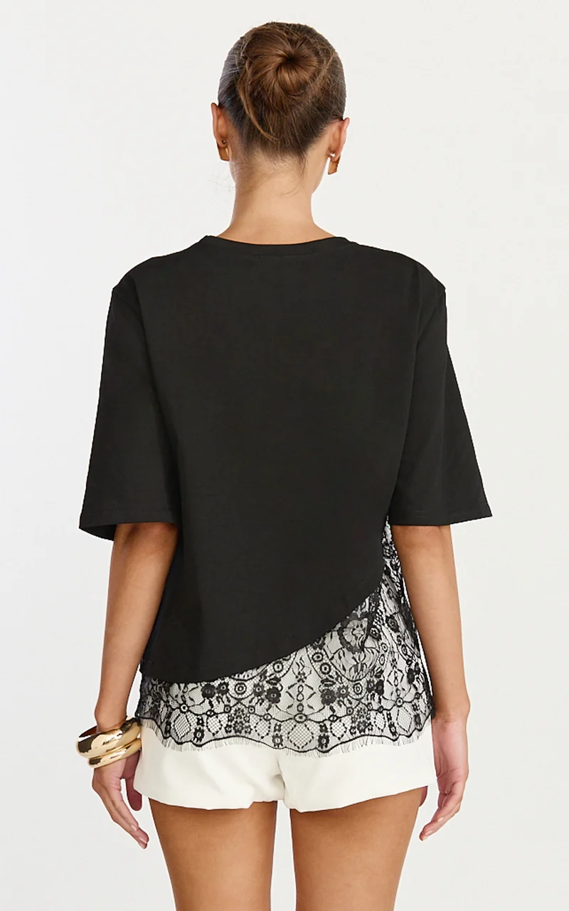 Abby Top - Asym Tee with Lace Trim in Black