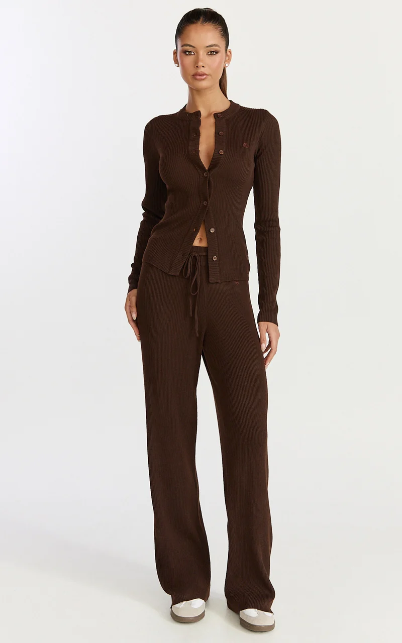 Indigo Top - Long Sleeve Button Down Knit Top in Chocolate
